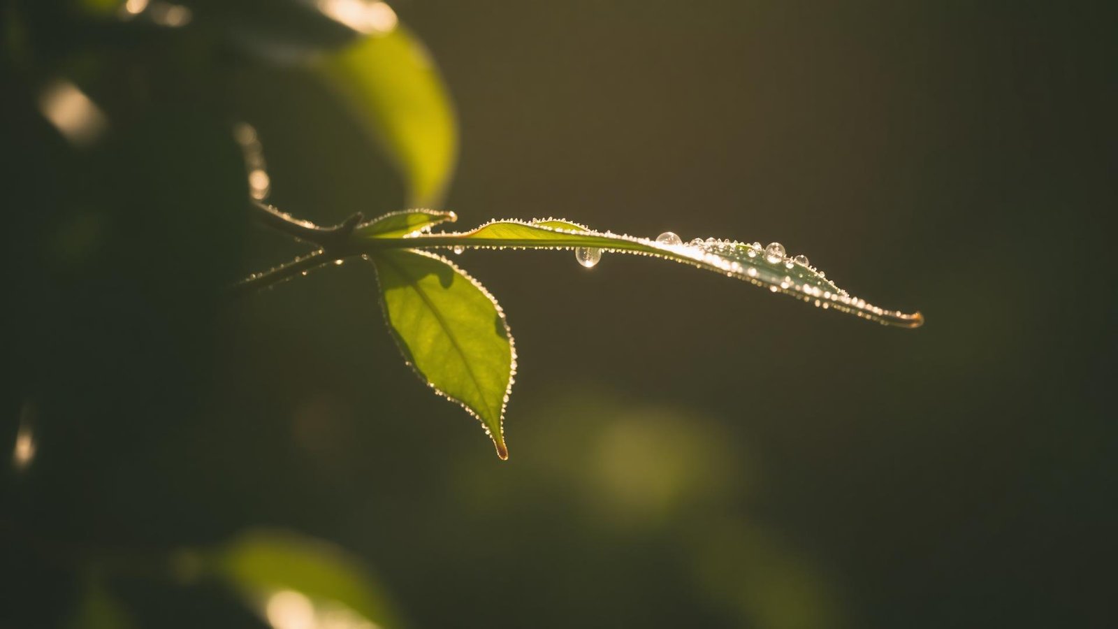 Backlit leaves with morning dew