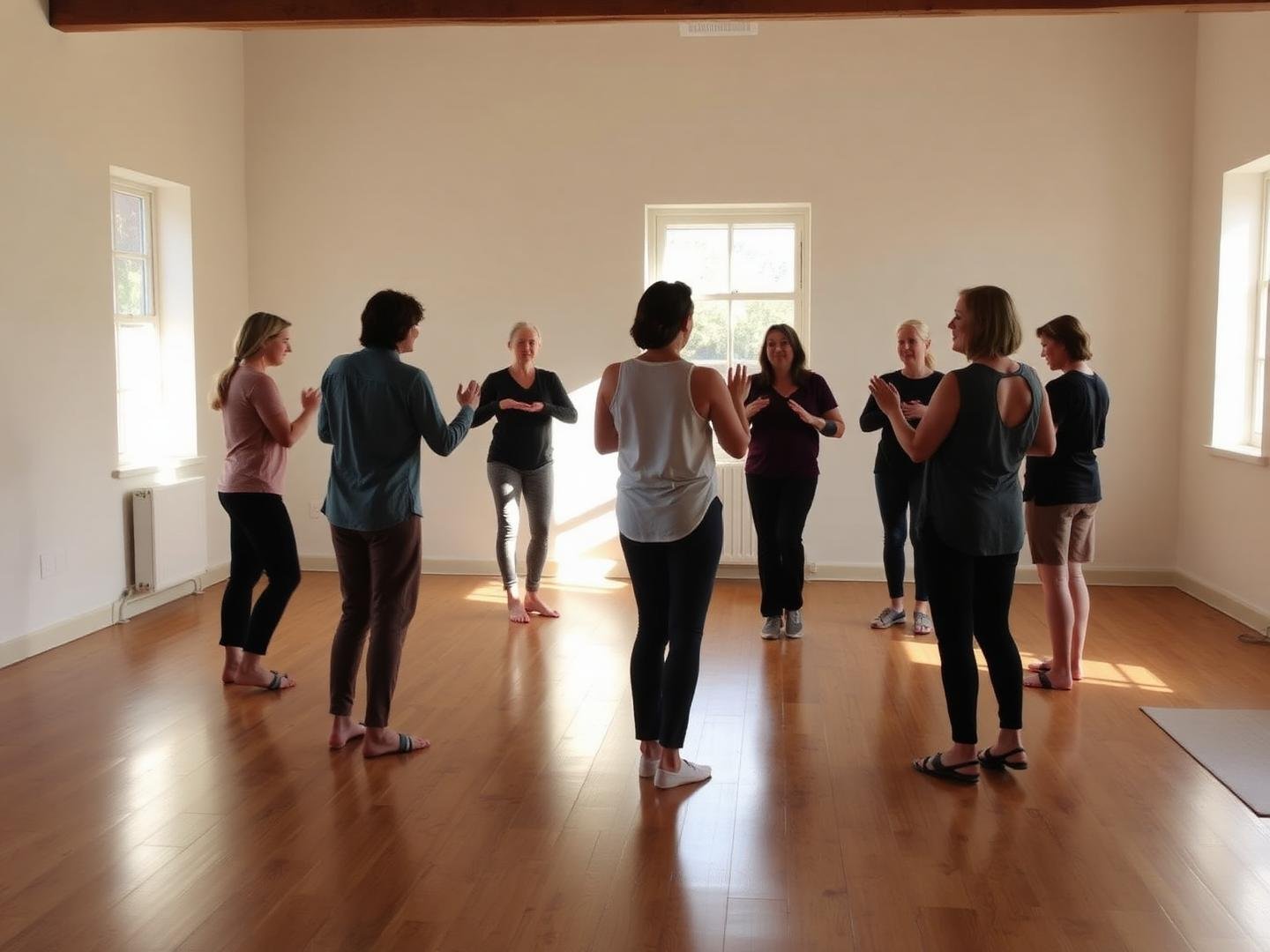 A small group practising slow movement together in a sunlit room